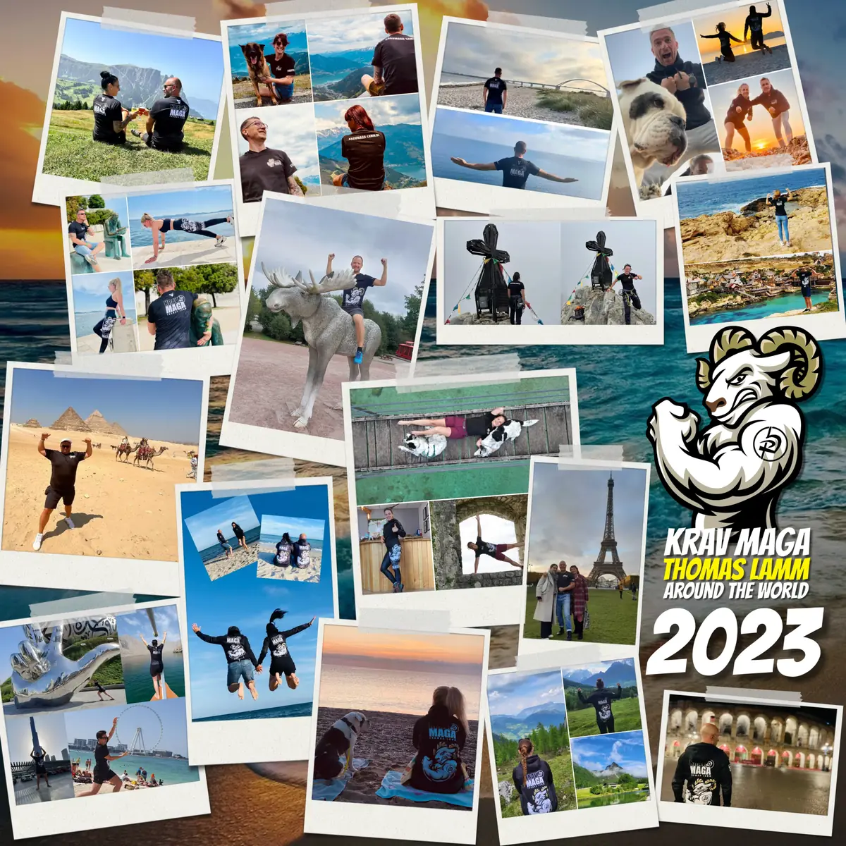 Collage der Einsendungen zum Fotowettbewerb 2023: Mitglieder in Krav-Maga-Shirts an Orten auf der ganzen Welt
