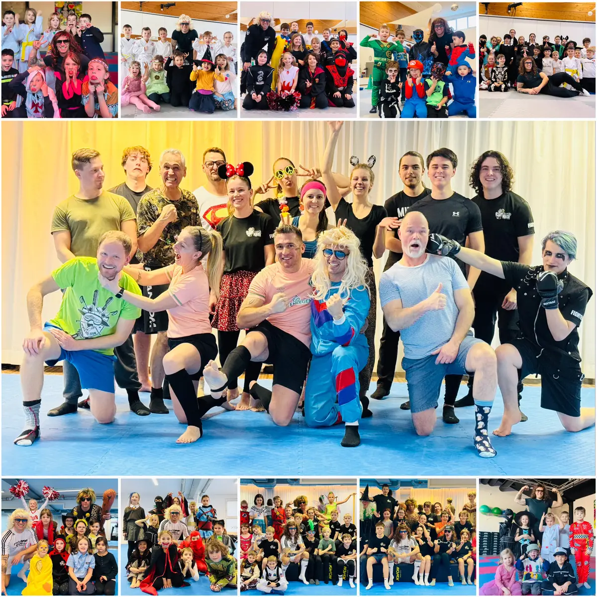 Collage vom Faschingstraining: Kinder und Erwachsene in bunten Kostümen auf der Trainingsmatte