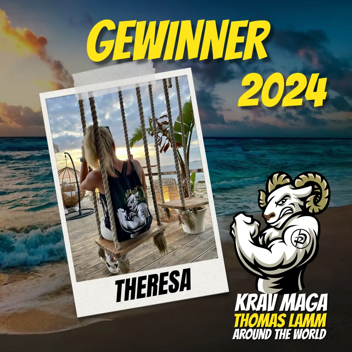 Gewinnerbild 2024: Theresa auf einer Schaukel am Strand, mit dem Logo von Krav Maga Thomas Lamm Around the World