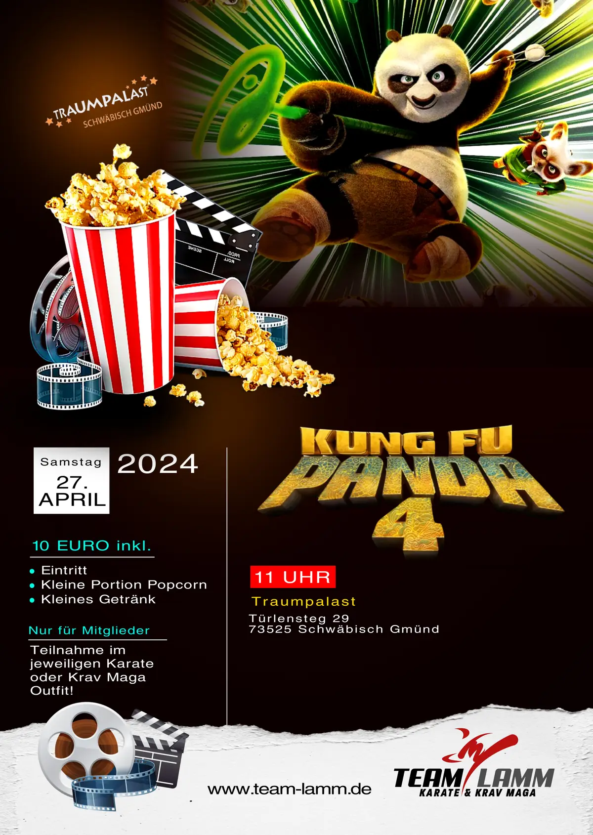 Einladungsplakat: Kung Fu Panda 4, Samstag, 27. April 2024, 11 Uhr, Traumpalast Schwäbisch Gmünd