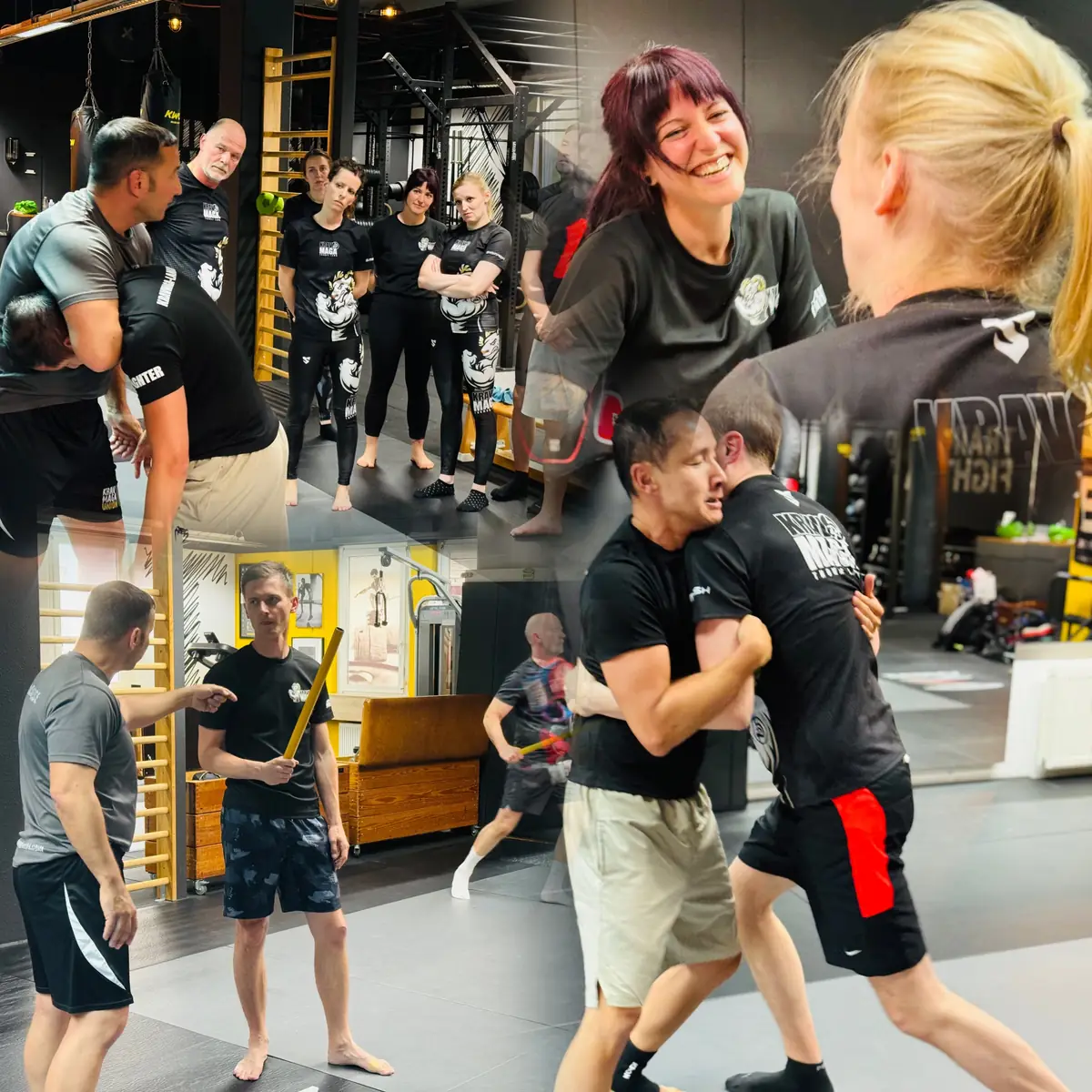 Paarweises Krav-Maga-Training in der Halle, im Hintergrund weitere Gruppen