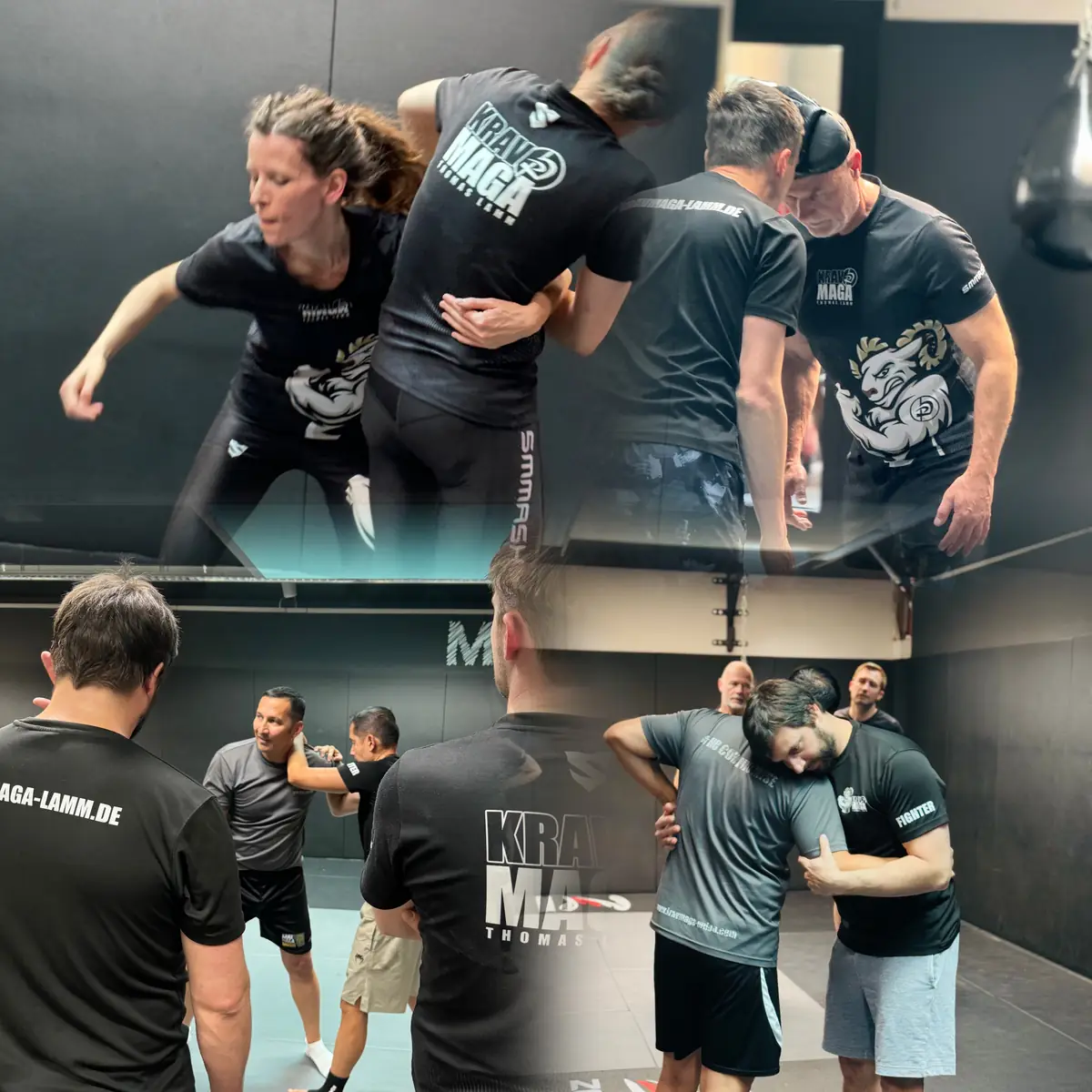 Zwei Fotos vom Training: Übungen im Stehen und am Boden