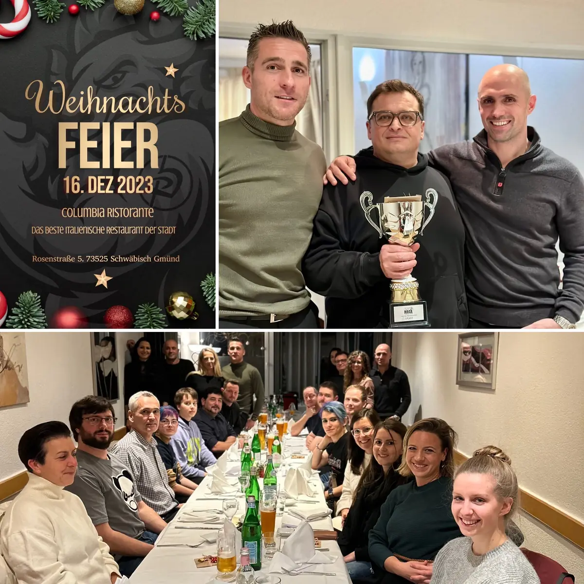 Weihnachtsfeier 2023: Einladung, Siegerehrung mit Pokal und die Gäste an der langen Tafel