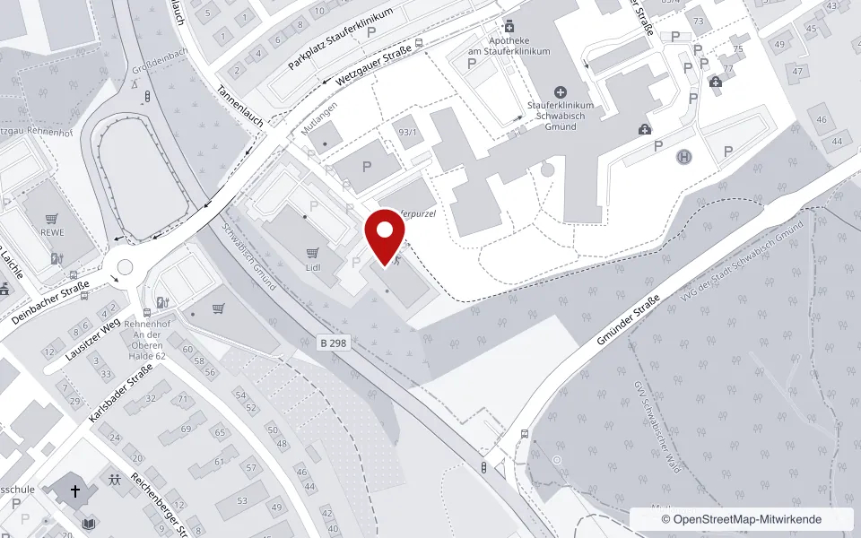 Kartenausschnitt: Lage von Tanzsportzentrum DISAM, An der Stauferklinik 3, 73557 Mutlangen, markiert mit einer roten Stecknadel