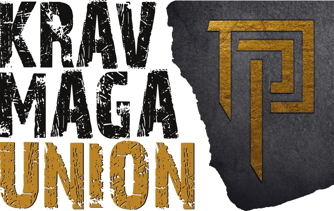 Logo der Krav Maga Union: Schriftzug KRAV MAGA UNION mit goldenem Emblem