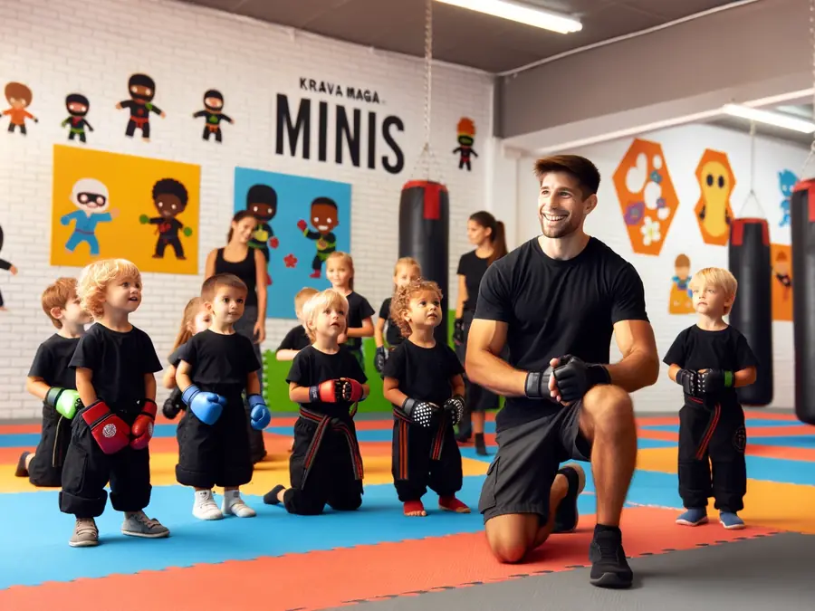 Illustration: kleine Kinder mit Boxhandschuhen und ein Trainer in einem bunten Trainingsraum